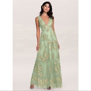 AZAZIE Blush Mark Romantic Adventure Dusty Sage Embroidery Tulle Maxi Dress